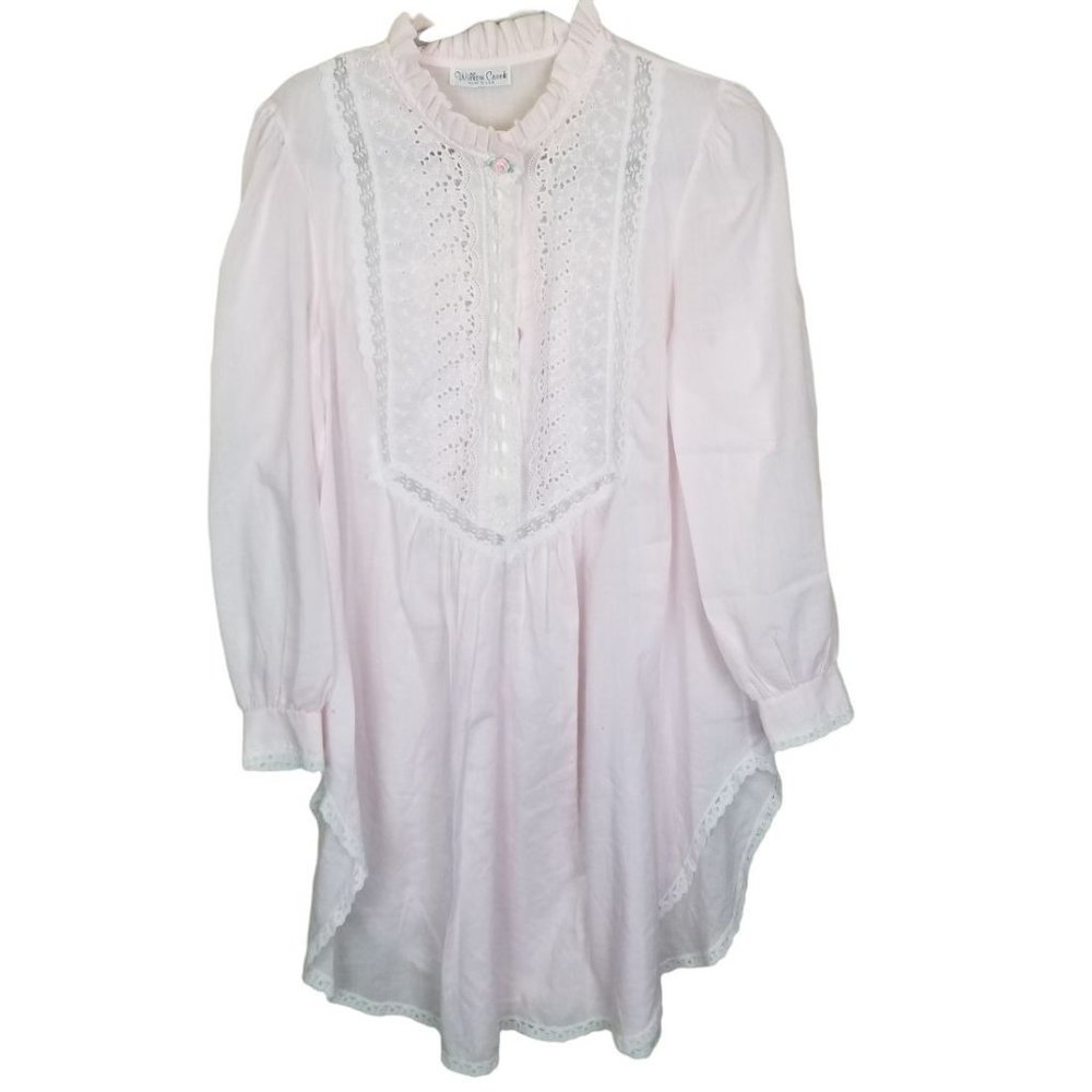 VTG Willow Creek Womens Light Pink Lace Trim Ruffle Neck Pajama Top Night Gown